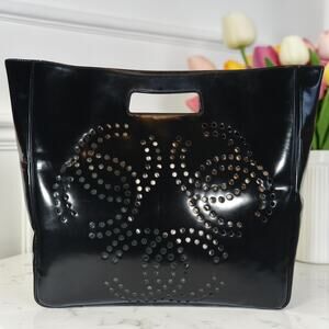 Authentic CHANEL Vintage Black Patent Leather Perforated Triple CC Tote & Pouch
